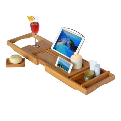 Natural Bamboo Luxury Bathtub Caddy Tray, One or Two Person Bath and Bed Tray, Bonus Free Soap Holder