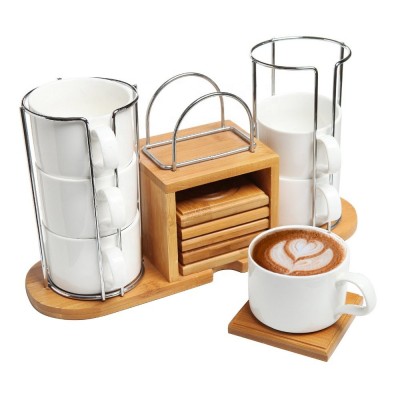 Bamboo Coaster Deluxe Set of 6 White Ceramic Espresso Tea Cups & Bamboo Coasters w/ Tabletop Storage Rack Cheap