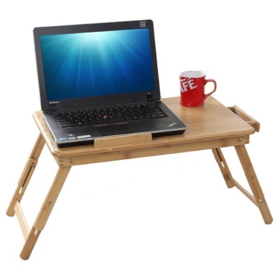 Bamboo lap desk with flip top,foldable laptop bamboo table with ventilation holes,breakfast bed tray with drawer