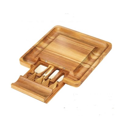 Extremely Spacious Acacia Wood Cheese Cutting Board with Perfectly Shaped Grooves+ 4 Knives