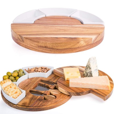 Round Cheese Board and Knives Set, Acacia Wood Charcuterie Boards  - Appetizer Serving Tray with Ceramic Bowls, Knife Spreaders