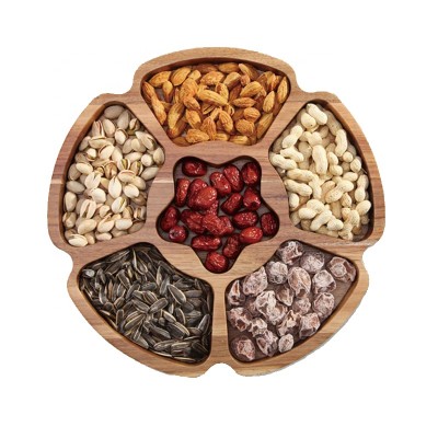 Round Wooden Food Storage Acacia Wood Nut Snack Tray for Parlor Candy Organized Storage Plate with 6 Compartments