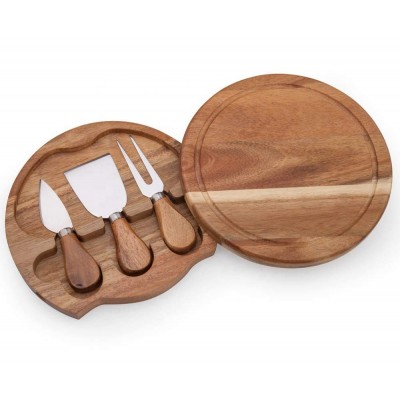 Round Acacia Wood Cheese Cutting Board with 3 knives / Food Serving Plate