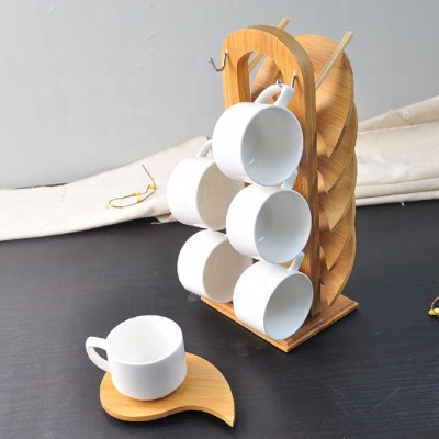 Wholesale creative European pure white ceramic coffee cup set with bamboo shelves coffee milk tea cups