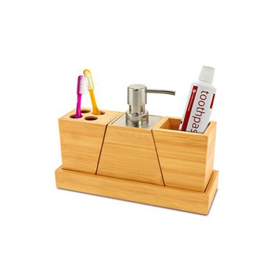 Eco-Friendly  Bamboo Bath accessories Set for Soap Pump, Tray, Toothbrush Holder