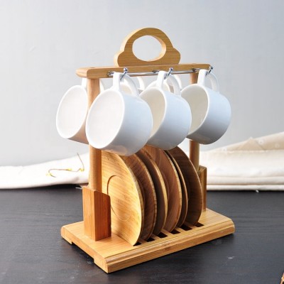 Bamboo Coffee Cup Organizer with tray /Upscale tea cups set holder with 6 stainless steel hooks and bamboo dishes drainer