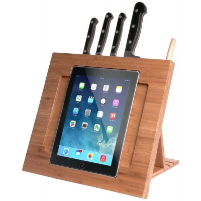 Multifunctional Bamboo Adjustable Kitchen Stand for iPad with Knife Storage